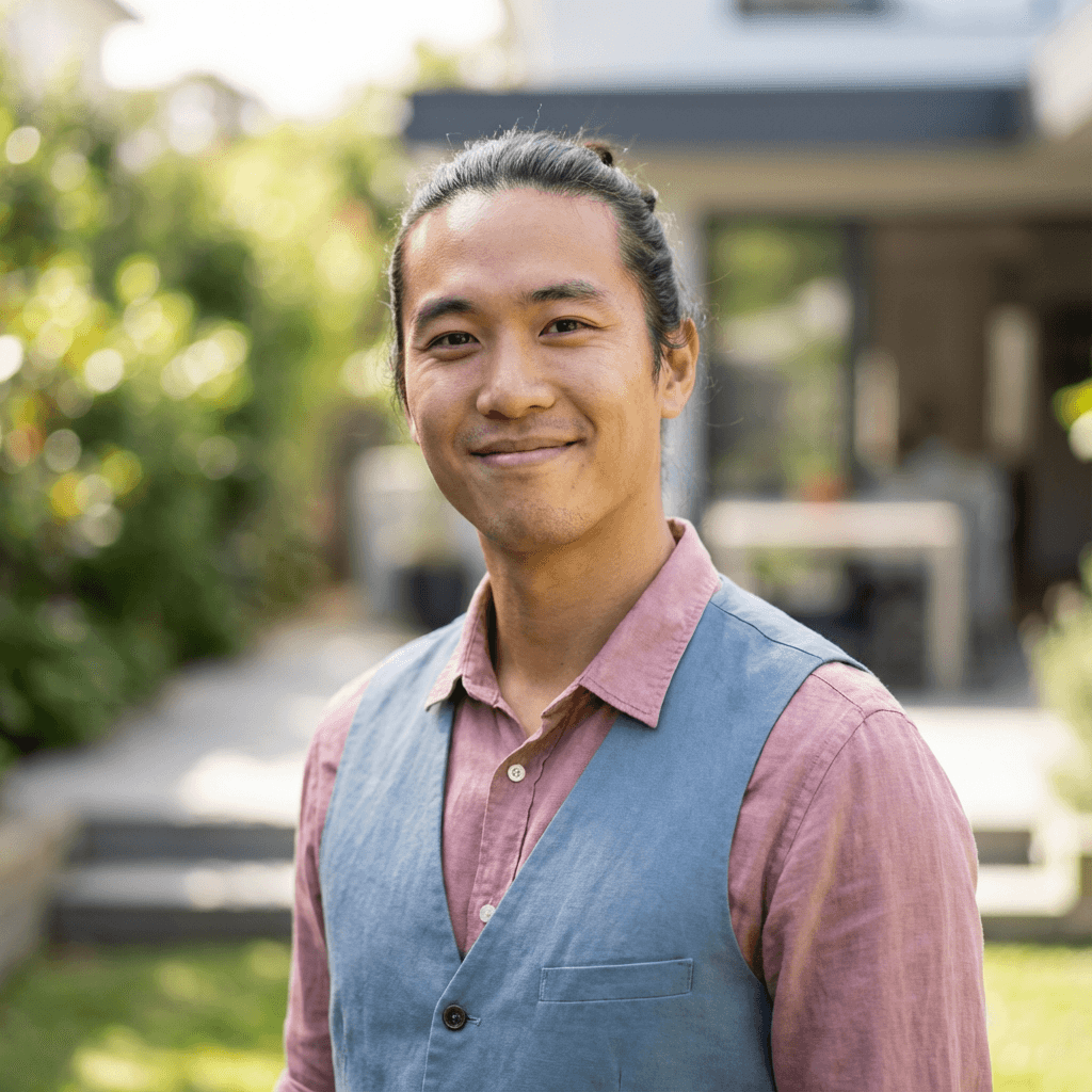 Michael Chen, parent, smiling in a bright family room