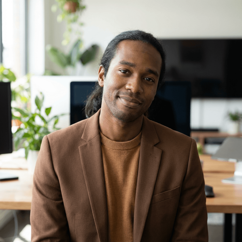 Michael Okafor smiling in a home office