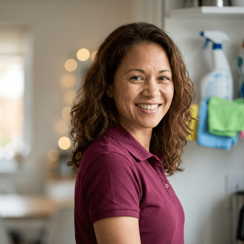 Emma Thompson, parent, smiling in a bright kitchen