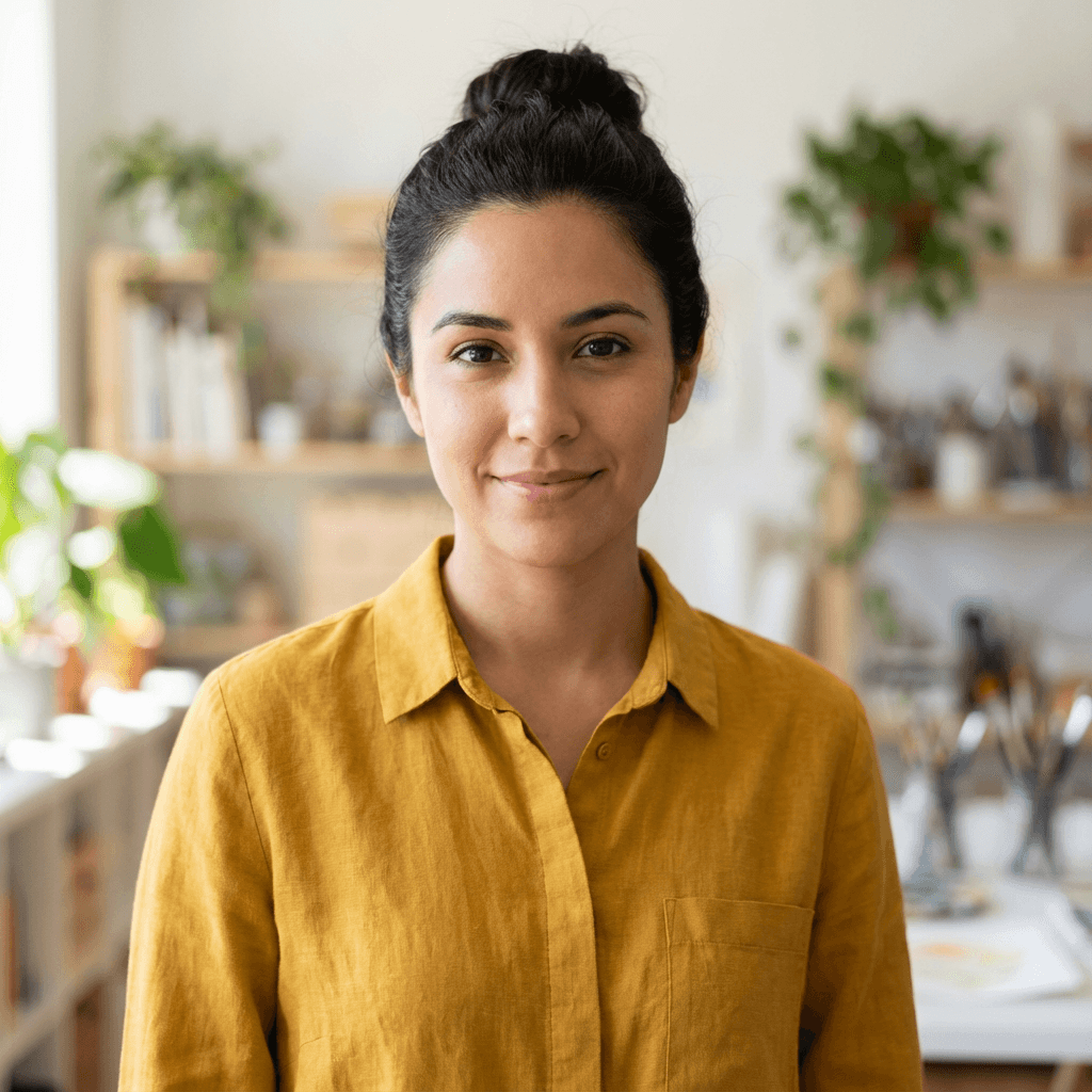 Sofia Martinez, parent, smiling in a modern home office