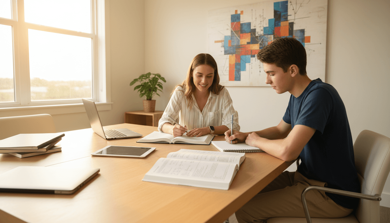 Tutor working one-on-one with a high school student at a bright desk, going through homework together