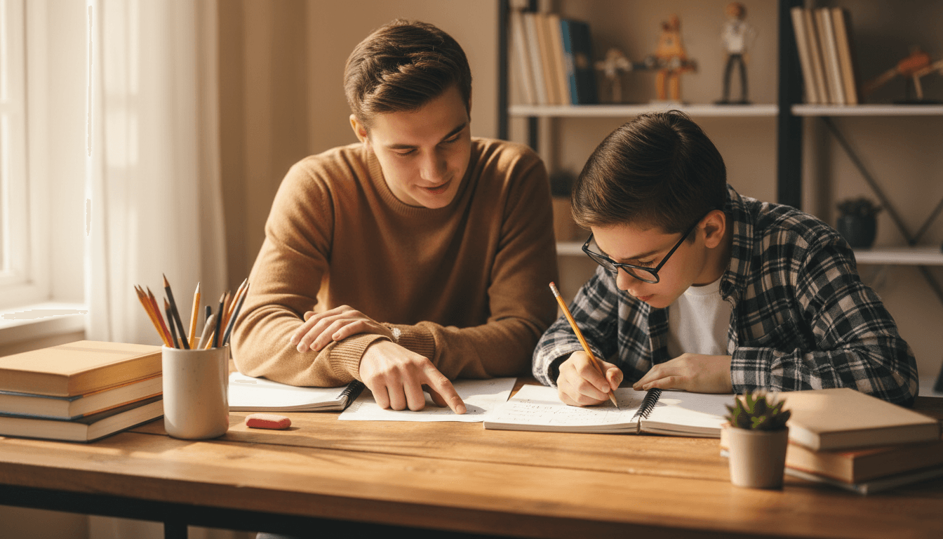 Tutor working one-on-one with a student at a table with notebooks in a bright, welcoming room